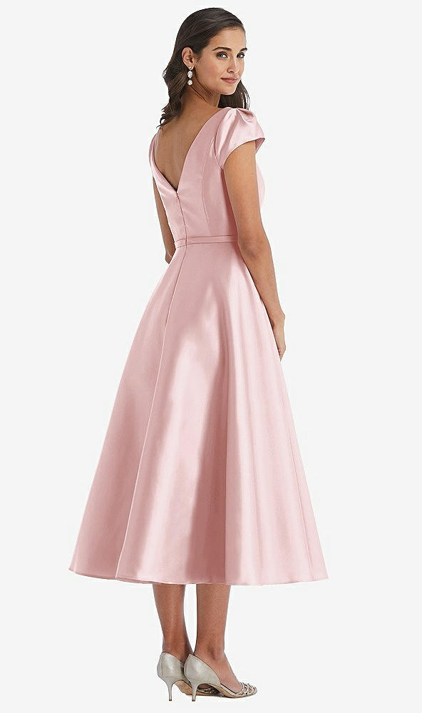 Back View - Ballet Pink Puff Sleeve Bow-Waist Full Skirt Satin Midi Dress