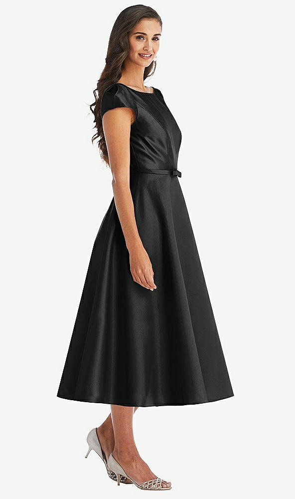 Front View - Black Puff Sleeve Bow-Waist Full Skirt Satin Midi Dress