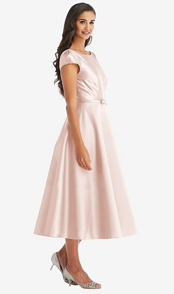 Front View - Blush Puff Sleeve Bow-Waist Full Skirt Satin Midi Dress