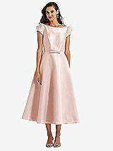Side View Thumbnail - Blush Puff Sleeve Bow-Waist Full Skirt Satin Midi Dress