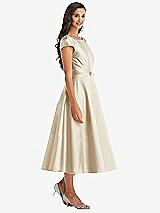 Front View Thumbnail - Champagne Puff Sleeve Bow-Waist Full Skirt Satin Midi Dress