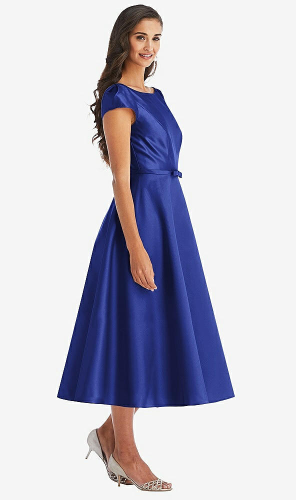 Front View - Cobalt Blue Puff Sleeve Bow-Waist Full Skirt Satin Midi Dress