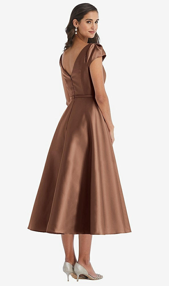 Back View - Cognac Puff Sleeve Bow-Waist Full Skirt Satin Midi Dress