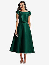 Side View Thumbnail - Hunter Green Puff Sleeve Bow-Waist Full Skirt Satin Midi Dress