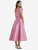 Rear View Thumbnail - Powder Pink Puff Sleeve Bow-Waist Full Skirt Satin Midi Dress