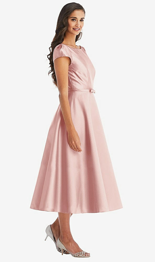 Front View - Rose Puff Sleeve Bow-Waist Full Skirt Satin Midi Dress