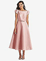 Side View Thumbnail - Rose Puff Sleeve Bow-Waist Full Skirt Satin Midi Dress