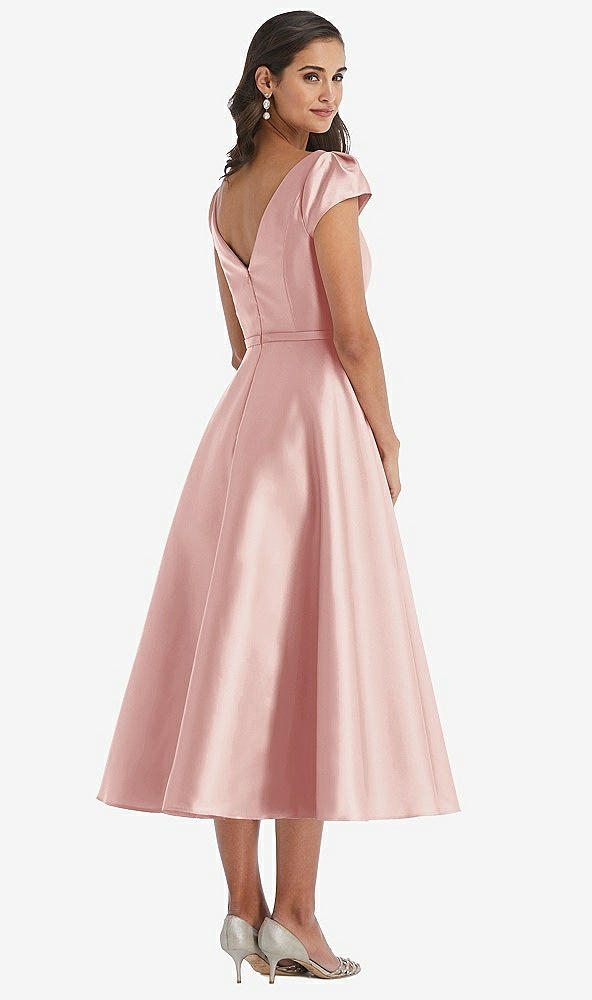 Back View - Rose Puff Sleeve Bow-Waist Full Skirt Satin Midi Dress