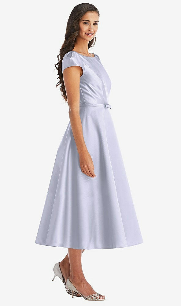 Front View - Silver Dove Puff Sleeve Bow-Waist Full Skirt Satin Midi Dress
