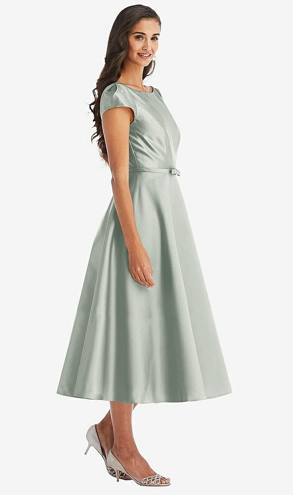 Front View - Willow Green Puff Sleeve Bow-Waist Full Skirt Satin Midi Dress