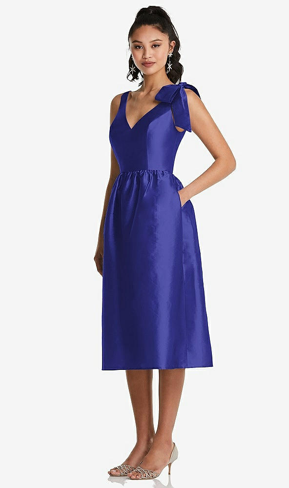 Front View - Electric Blue Bowed-Shoulder Full Skirt Midi Dress with Pockets