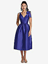 Side View Thumbnail - Electric Blue Bowed-Shoulder Full Skirt Midi Dress with Pockets