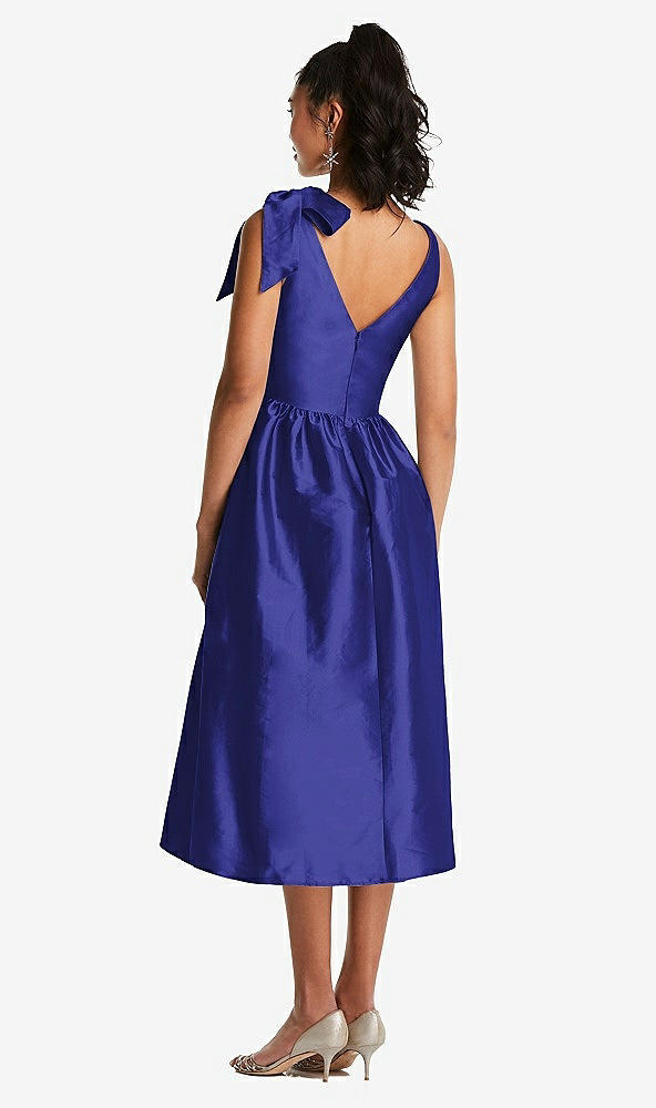 Back View - Electric Blue Bowed-Shoulder Full Skirt Midi Dress with Pockets