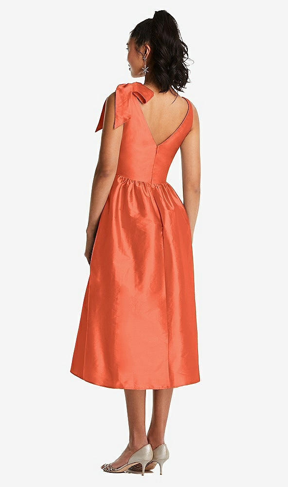 Back View - Fiesta Bowed-Shoulder Full Skirt Midi Dress with Pockets