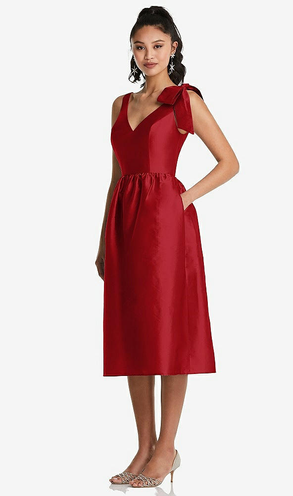 Front View - Garnet Bowed-Shoulder Full Skirt Midi Dress with Pockets