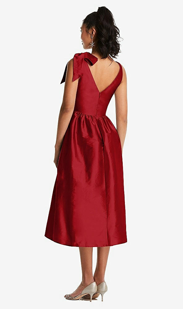 Back View - Garnet Bowed-Shoulder Full Skirt Midi Dress with Pockets