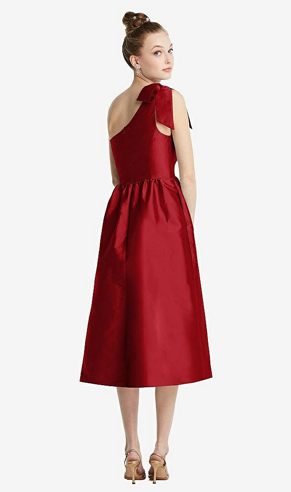 Back View - Garnet Bowed One-Shoulder Full Skirt Midi Dress with Pockets