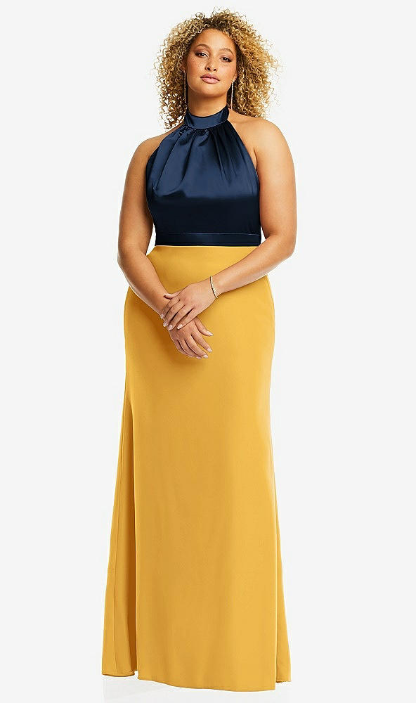 Front View - NYC Yellow & Midnight Navy High-Neck Open-Back Maxi Dress with Scarf Tie