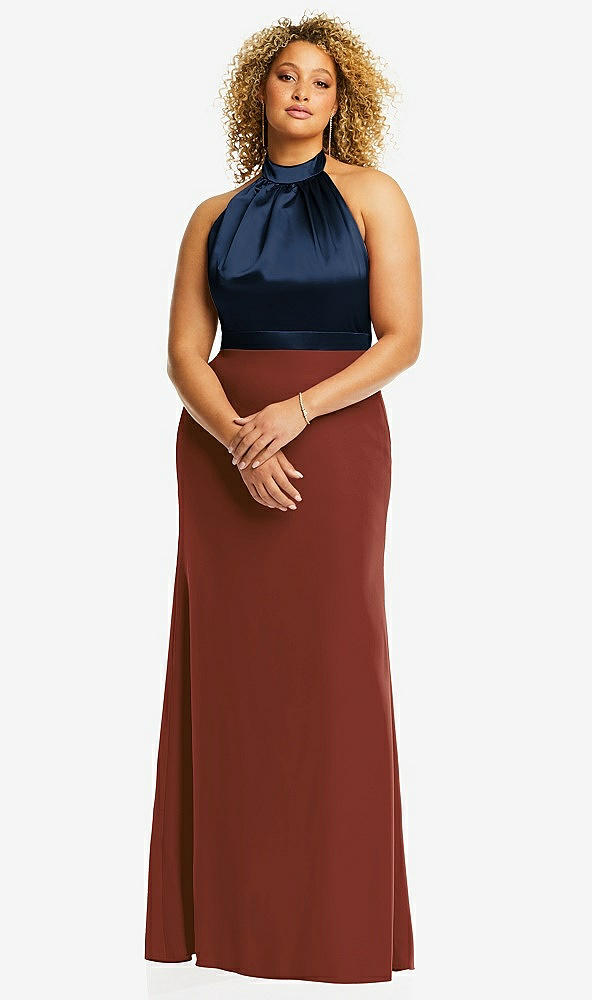Front View - Auburn Moon & Midnight Navy High-Neck Open-Back Maxi Dress with Scarf Tie