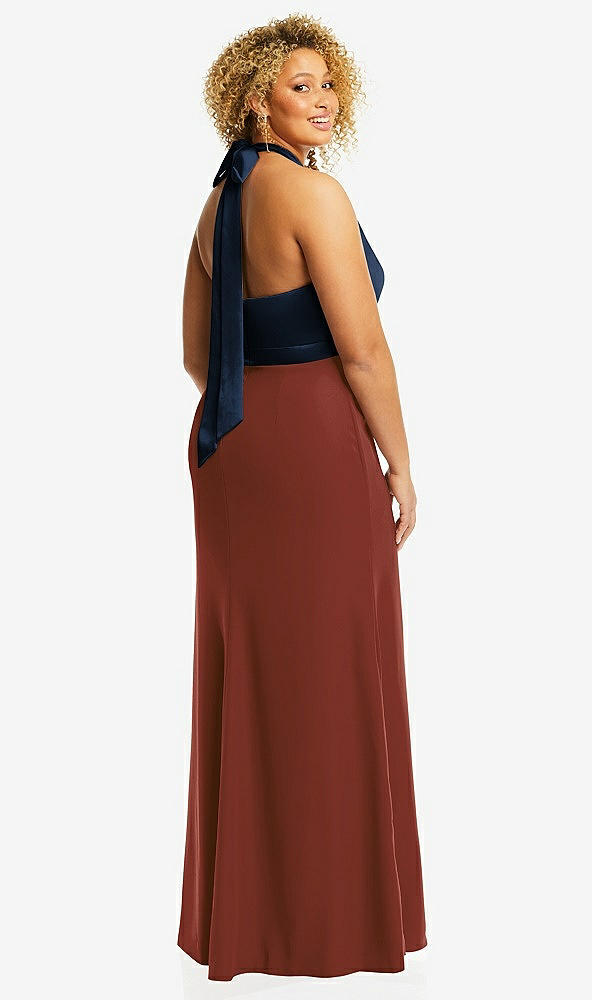 Back View - Auburn Moon & Midnight Navy High-Neck Open-Back Maxi Dress with Scarf Tie