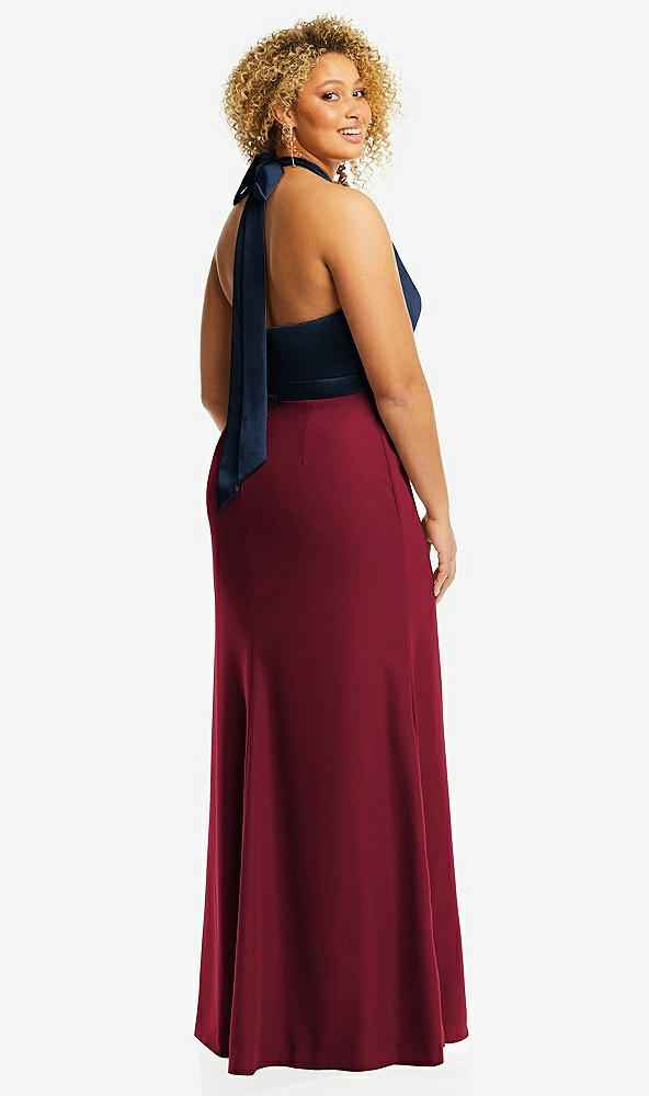 Back View - Burgundy & Midnight Navy High-Neck Open-Back Maxi Dress with Scarf Tie
