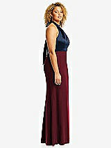 Side View Thumbnail - Cabernet & Midnight Navy High-Neck Open-Back Maxi Dress with Scarf Tie
