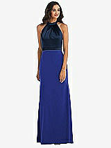 Alt View 1 Thumbnail - Cobalt Blue & Midnight Navy High-Neck Open-Back Maxi Dress with Scarf Tie