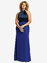 Front View Thumbnail - Cobalt Blue & Midnight Navy High-Neck Open-Back Maxi Dress with Scarf Tie