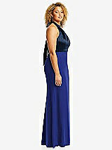 Side View Thumbnail - Cobalt Blue & Midnight Navy High-Neck Open-Back Maxi Dress with Scarf Tie