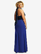 Rear View Thumbnail - Cobalt Blue & Midnight Navy High-Neck Open-Back Maxi Dress with Scarf Tie