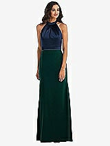 Alt View 1 Thumbnail - Evergreen & Midnight Navy High-Neck Open-Back Maxi Dress with Scarf Tie