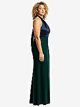 Side View Thumbnail - Evergreen & Midnight Navy High-Neck Open-Back Maxi Dress with Scarf Tie