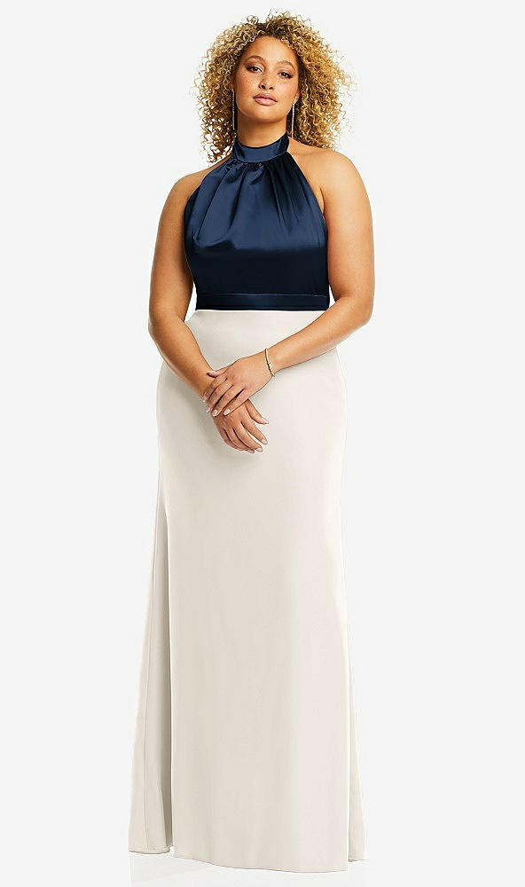 Front View - Ivory & Midnight Navy High-Neck Open-Back Maxi Dress with Scarf Tie