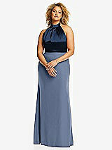 Front View Thumbnail - Larkspur Blue & Midnight Navy High-Neck Open-Back Maxi Dress with Scarf Tie