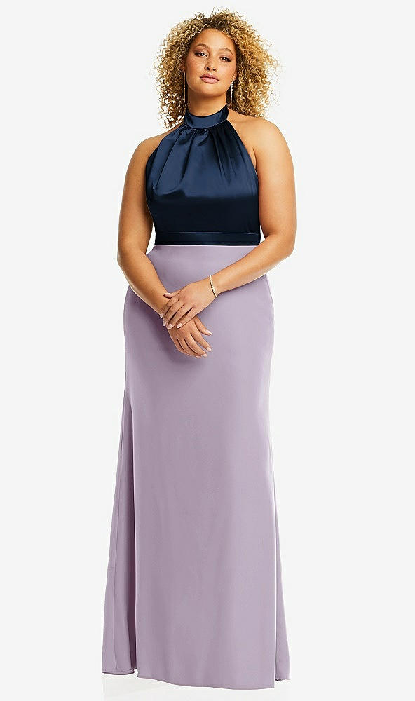 Front View - Lilac Haze & Midnight Navy High-Neck Open-Back Maxi Dress with Scarf Tie