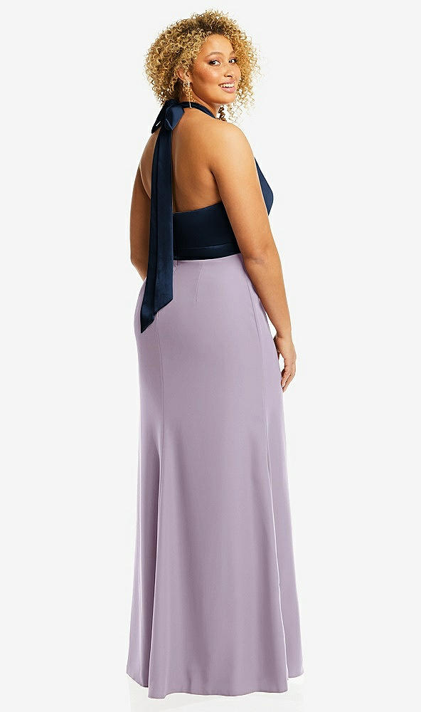 Back View - Lilac Haze & Midnight Navy High-Neck Open-Back Maxi Dress with Scarf Tie