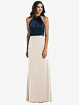 Alt View 1 Thumbnail - Oat & Midnight Navy High-Neck Open-Back Maxi Dress with Scarf Tie