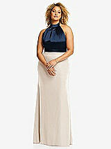 Front View Thumbnail - Oat & Midnight Navy High-Neck Open-Back Maxi Dress with Scarf Tie