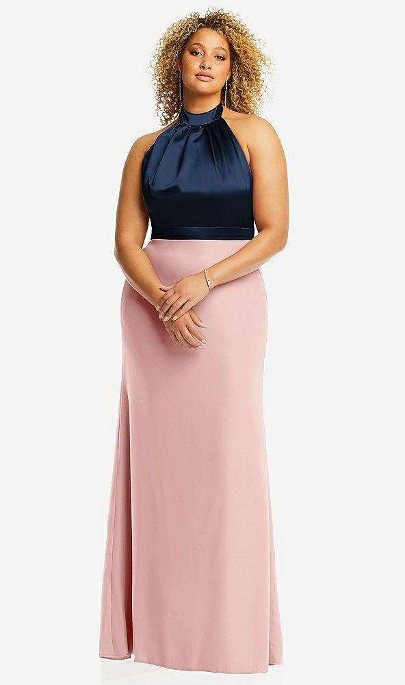 Front View - Rose & Midnight Navy High-Neck Open-Back Maxi Dress with Scarf Tie