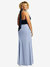 Rear View Thumbnail - Sky Blue & Midnight Navy High-Neck Open-Back Maxi Dress with Scarf Tie