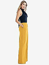 Front View Thumbnail - NYC Yellow & Midnight Navy High-Neck Open-Back Jumpsuit with Scarf Tie