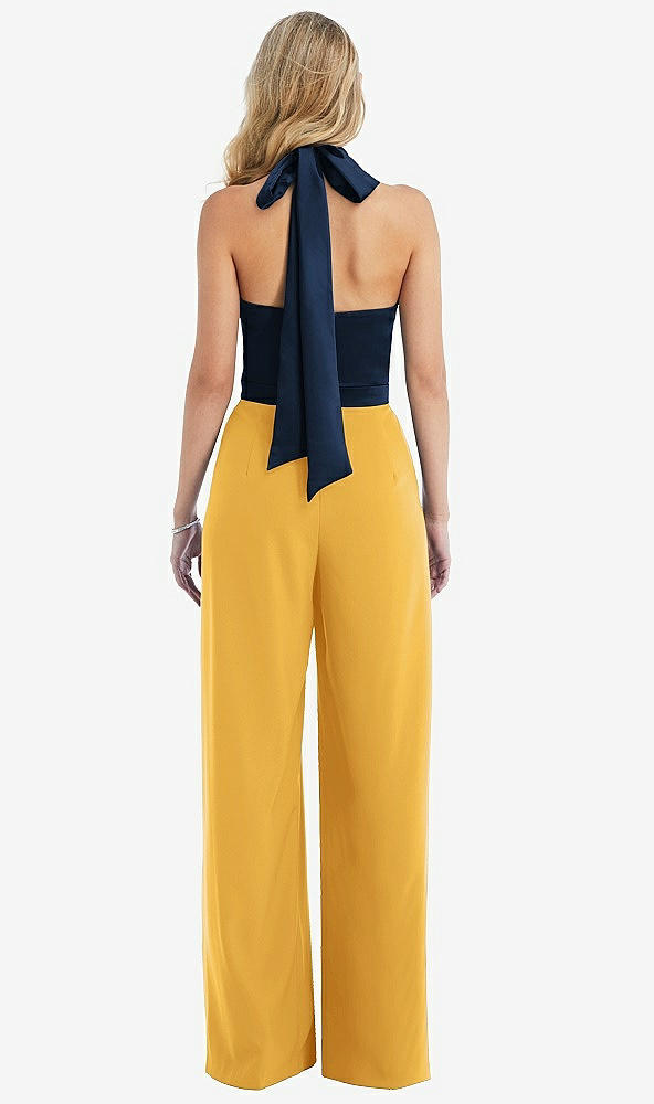 Back View - NYC Yellow & Midnight Navy High-Neck Open-Back Jumpsuit with Scarf Tie