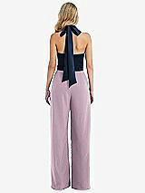 Rear View Thumbnail - Suede Rose & Midnight Navy High-Neck Open-Back Jumpsuit with Scarf Tie