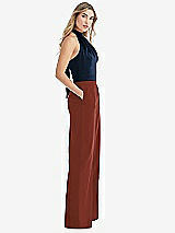 Front View Thumbnail - Auburn Moon & Midnight Navy High-Neck Open-Back Jumpsuit with Scarf Tie