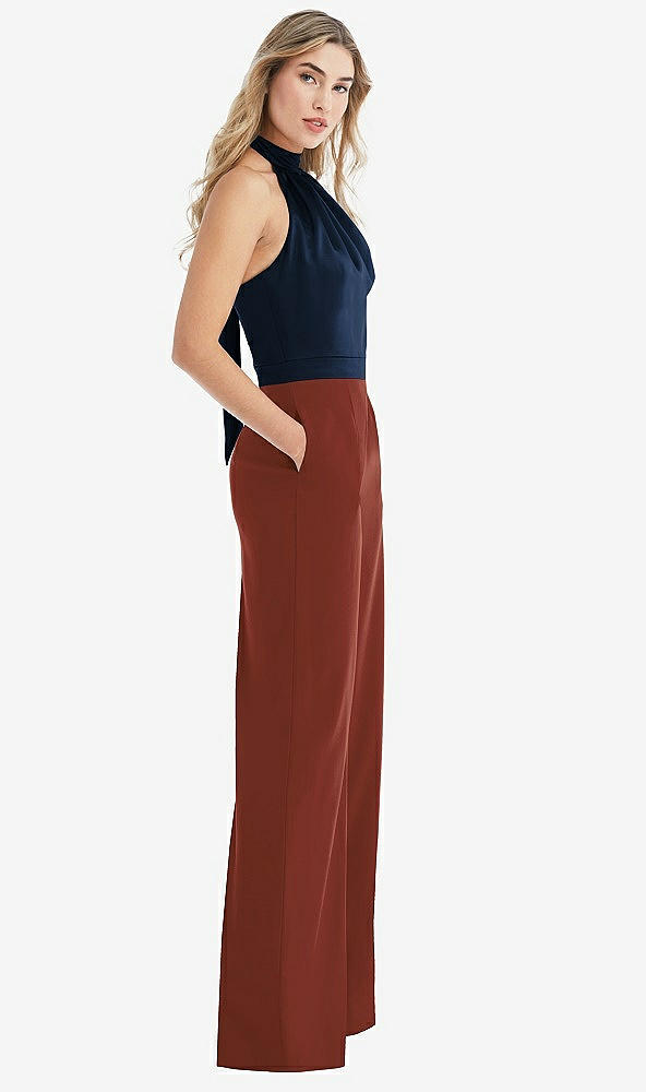 Front View - Auburn Moon & Midnight Navy High-Neck Open-Back Jumpsuit with Scarf Tie