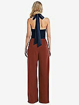Rear View Thumbnail - Auburn Moon & Midnight Navy High-Neck Open-Back Jumpsuit with Scarf Tie