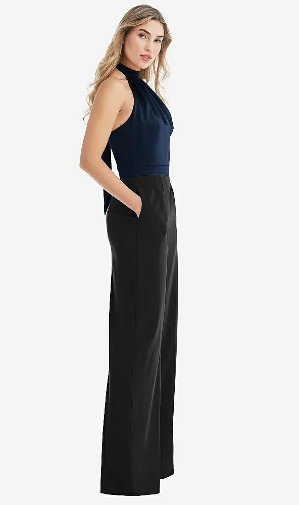 Front View - Black & Midnight Navy High-Neck Open-Back Jumpsuit with Scarf Tie