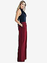 Front View Thumbnail - Burgundy & Midnight Navy High-Neck Open-Back Jumpsuit with Scarf Tie