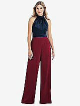 Side View Thumbnail - Burgundy & Midnight Navy High-Neck Open-Back Jumpsuit with Scarf Tie