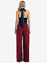 Rear View Thumbnail - Burgundy & Midnight Navy High-Neck Open-Back Jumpsuit with Scarf Tie
